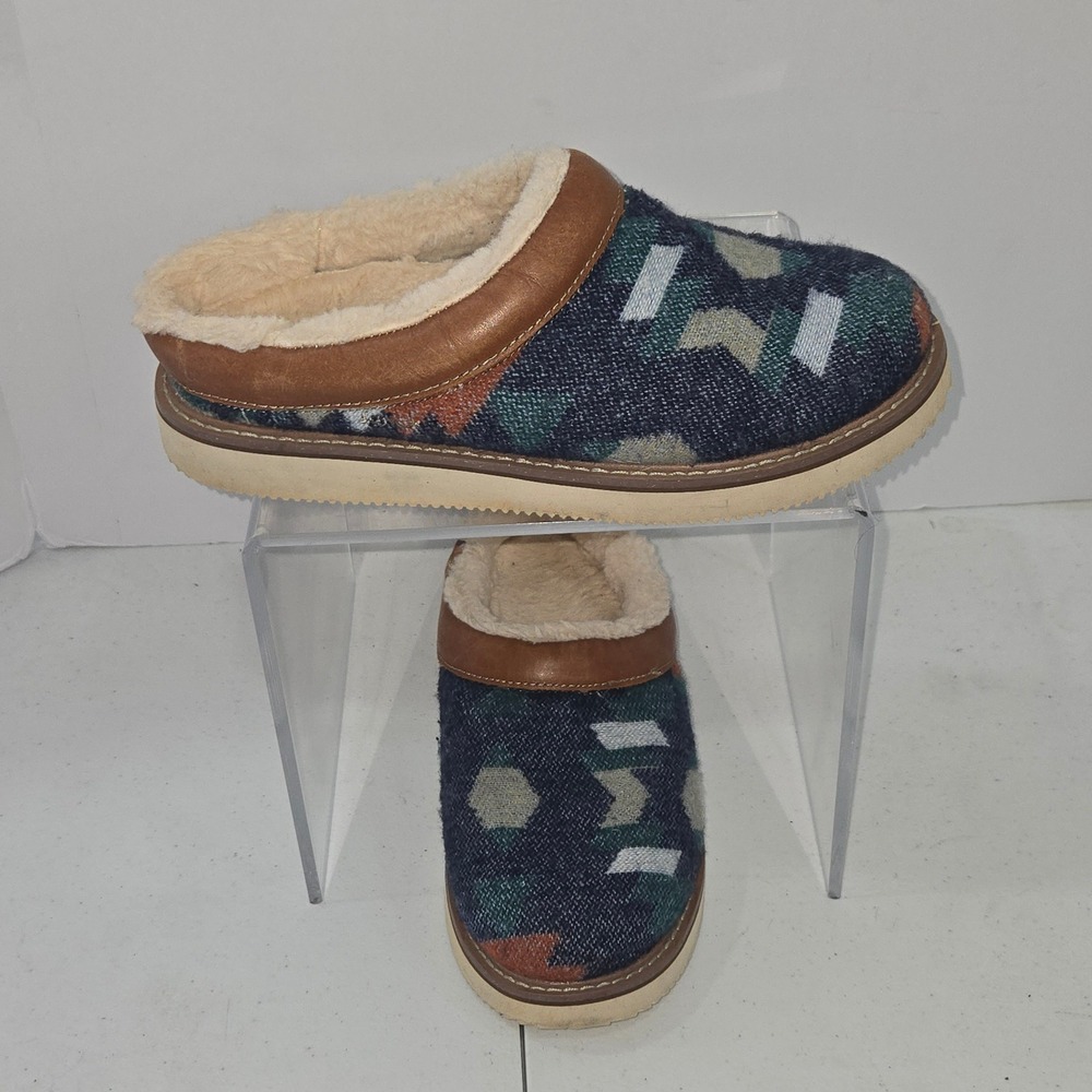 Sanuk Men 7 S/N Cozy Blanket Aztec Print Slipper Mule Faux Fur Lined Blue